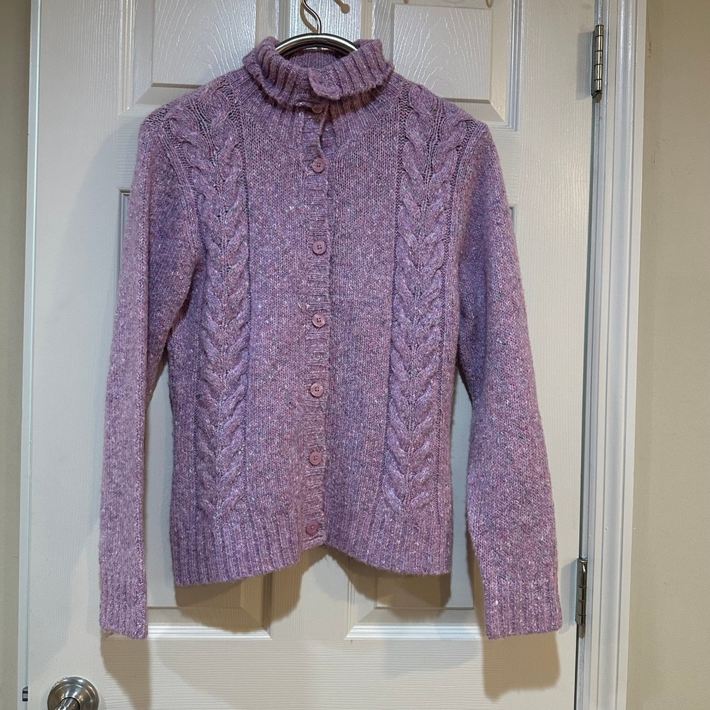 LL Bean Womens Purple Cable Knit Wool Blend Button Front Cardigan Sweater Med